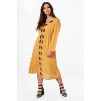 tilly contrast woven embroidered midi dress mustard