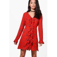 Tiffany Frill Detail Floral Swing Dress - red