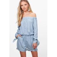 Tie Sleeve Denim Bardot Jumpsuit - wash blue