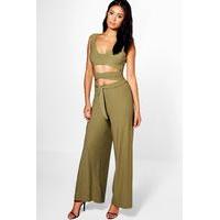 Tie Front Wide Leg Jumpsuit - moss