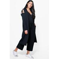 Tie Sleeve Cold Shoulder Duster - black