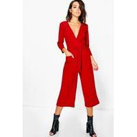 Tie Waist Wide Leg Jumpsuit - wine