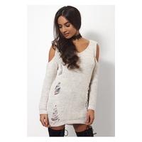 Tiki Beige Cold Shoulder Oversized Frayed Jumper