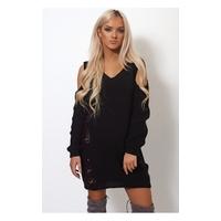 Tiki Black Cold shoulder Ripped Oversized Jumper Dress