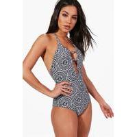 tile print strappy front swimsuit black