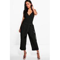 Tie Waist Turn Up Woven Tailored Trousers - black