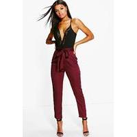 Tie Waist Woven Satin Slimline Trousers - merlot