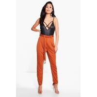 Tie Waist Woven Satin Slimline Trousers - copper