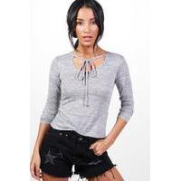 tie neck knitted top grey