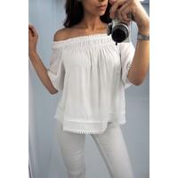 Tina white bardot pompom trim top