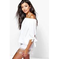 Tie Sleeve Woven Bardot Top - ivory