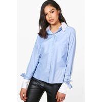 Tie Sleeve Striped Shirt - blue