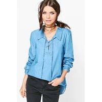 Tie Front Chambray Blouse - blue