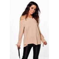 tie sleeve bardot top stone