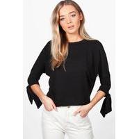 tie sleeve batwing crop knit top black