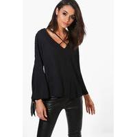 tie strap detail woven blouse black