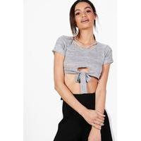 Tie Front Strappy Neck Knitted T-Shirt - grey