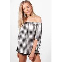 tie sleeve gingham jersey bardot top black