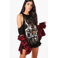 Tiger Print Cold Shoulder Top - black