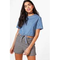 Tie Waist Keyhole Back Denim Top - mid blue