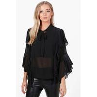 tie neck frill sleeve tailored blouse black
