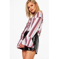 Tie Neck Striped Bardot Shirt - multi