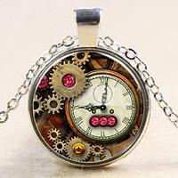 Time Gem Series Silver Tone Chain Disc Charm Gear Dial Necklace for Girls and Women