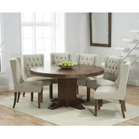 Torino 150cm Dark Solid Oak Round Pedestal Dining Table with Safia Fabric Dark Oak Leg Chairs