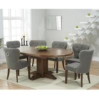 Torino Dark Solid Oak Extending Pedestal Dining Table with Knightsbridge Fabric Dark Oak Leg Chairs