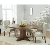 Torino Dark Solid Oak Extending Pedestal Dining Table with Safia Fabric Dark Oak Leg Chairs