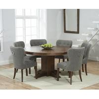 Torino 150cm Dark Solid Oak Round Pedestal Dining Table with Knightsbridge Fabric Dark Oak Leg Chairs