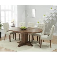 Torino Dark Solid Oak Extending Pedestal Dining Table with Pacific Fabric Dark Oak Leg Chairs