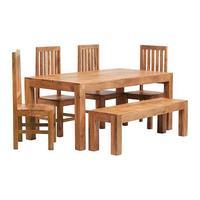 toko light mango 180cm dining set with bench and 4 wooden chairs natur ...