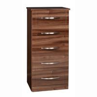 torino 5 drawer narrow chest in high gloss walnut