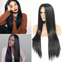 Top Quality Heat Resistant Fiber Black Color Long Natural Straight Black Synthetic Middle Part Lace Front Wigs