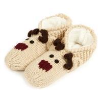 totes Ladies Novelty Hand Knit Footsie Slipper Socks Beige Reindeer Small/Medium (UK 3-5)