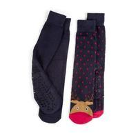 totes Mens Original Slipper Socks (Twin Pack) Reindeer Navy One Size