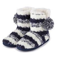 totes Ladies Stripe Knit Boot Slippers Navy Large (UK 7-8)