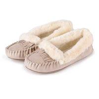 totes Ladies Fringed Suedette Moccasin Slippers Natural Large (UK 7-8)