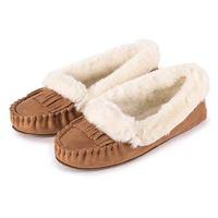 totes Ladies Fringed Suedette Moccasin Slippers Tan Large (UK 7-8)