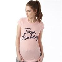 tokyo laundry womens clotho flock print logo t shirt candy pink