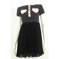 Tofu Size 8 Black With White Polka Dot Top Skater Dress With Pink Trim