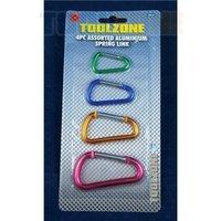 Toolzone 4 Piece Assorted Aluminium Spring Link Clips / Snap Hooks