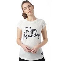 Tokyo Laundry Womens Clotho Flock Print Logo T-Shirt Ice Grey