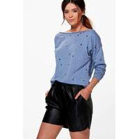 torra distressed slash neck sweatshirt blue