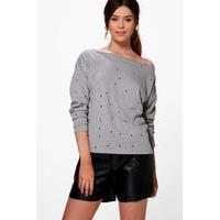 Torra Distressed Slash Neck Sweatshirt - grey