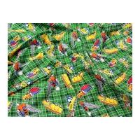 trucks print polycotton dress fabric emerald green