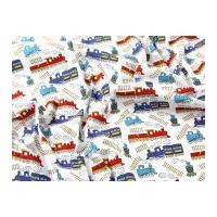 Trains Print Polycotton Dress Fabric Red & Blue