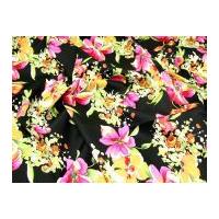Tropical Floral Jardin Stretch Cotton Sateen Dress Fabric Pink on Black