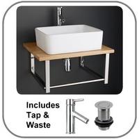 trieste 45cm x 36cm white sink mounted on 60cm solid oak shelf with br ...